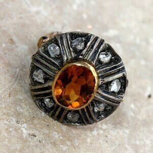 Rustic Ethnic Natural 18K Gold Diamond Chips Topaz Gemstone Silver Ring Size 7